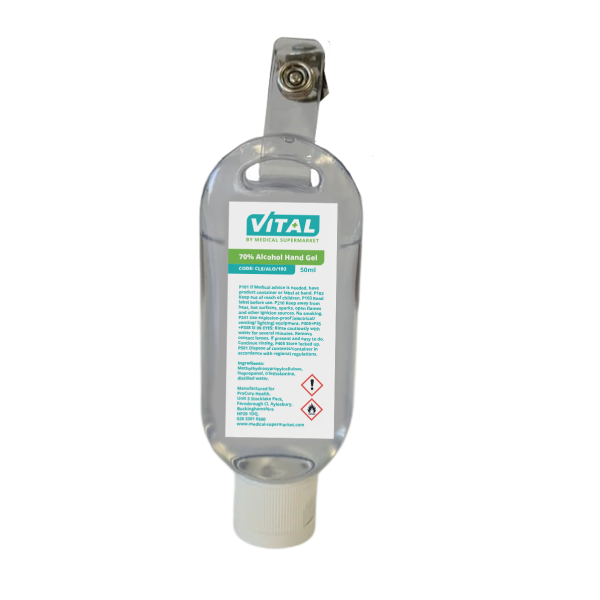 VITAL Alcohol Hand Sanitising Gel 70%, Personal 50ml with Clip 50ml with Clip | Medical Supermarket