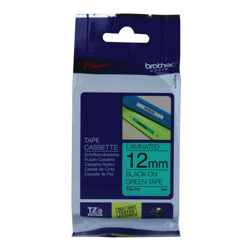 Brother Laminated P-Touch Labelling Tape 12mm x 8mm Black On Green TZE731 | Medical Supermarket