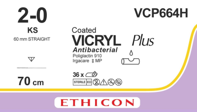 VCP664H Ethicon Vicryl Plus Suture 2-0, 60mm, 70cm