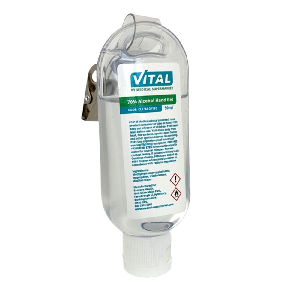VITAL Alcohol Hand Sanitising Gel 70%, Personal 50ml with Clip 50ml with Clip | Medical Supermarket
