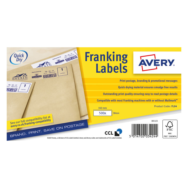 AVERY Franking Labels 140mm x 38mm, 1000 Sheets, 1 Label/Sheet, White (box 1000 each) | Medical Supermarket